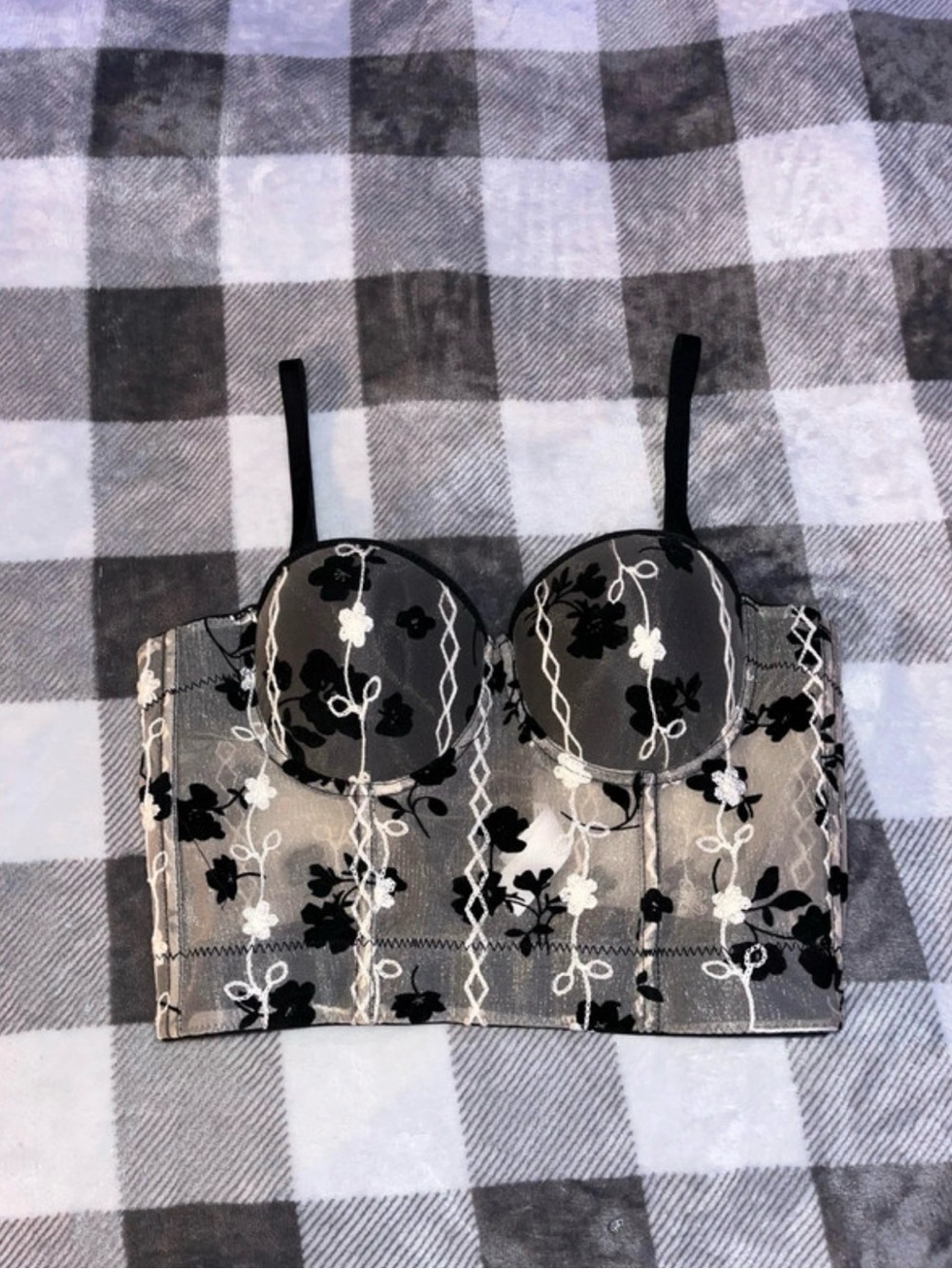 Embroidered Floral Longline Bustier Crop Top - Black & White